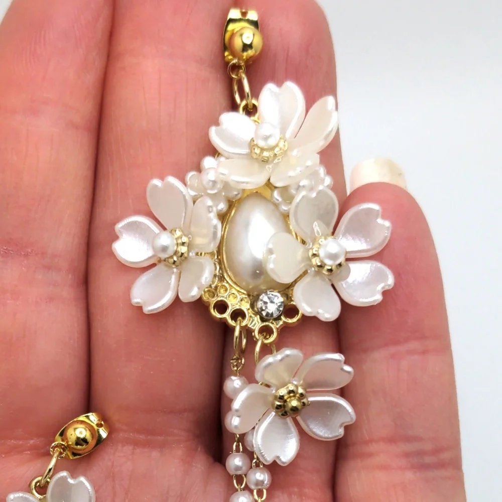 White Floral Wedding Bridal Earrings with Pearl Accents - Picture 6 of 9